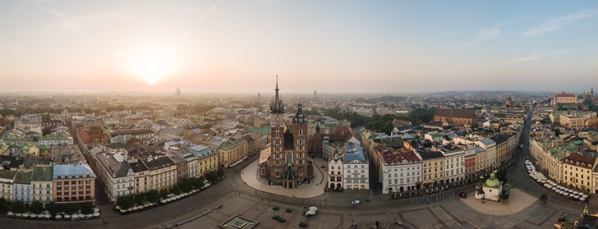 Aerial view of The Church of Saint Mary in Rynek Glowny (Market Square), Krakow, Malopolskie, Poland, Europe