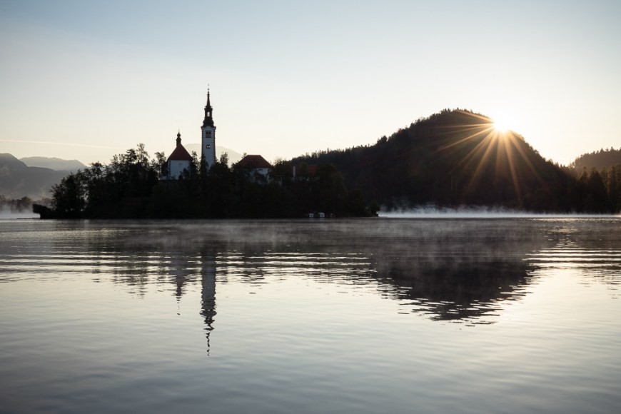Bled Island with the Church of the Assumption at dusk, Lake Bled, Upper Carniola, Slovenia