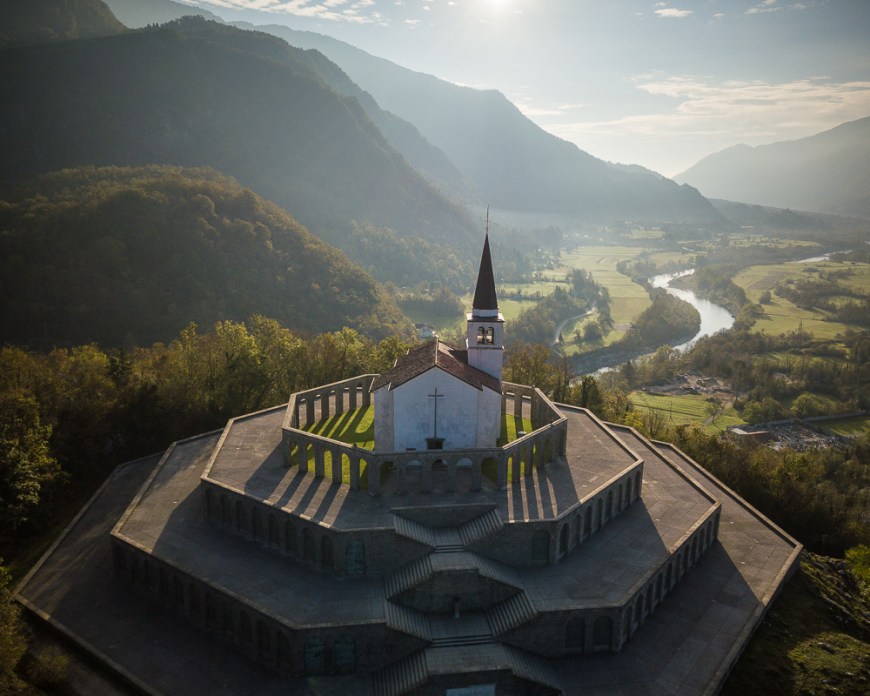 Aerial View of Saint Anthony’s Sanctuary Caporetto Memorial, Kobarid, Goriska, Slovenia