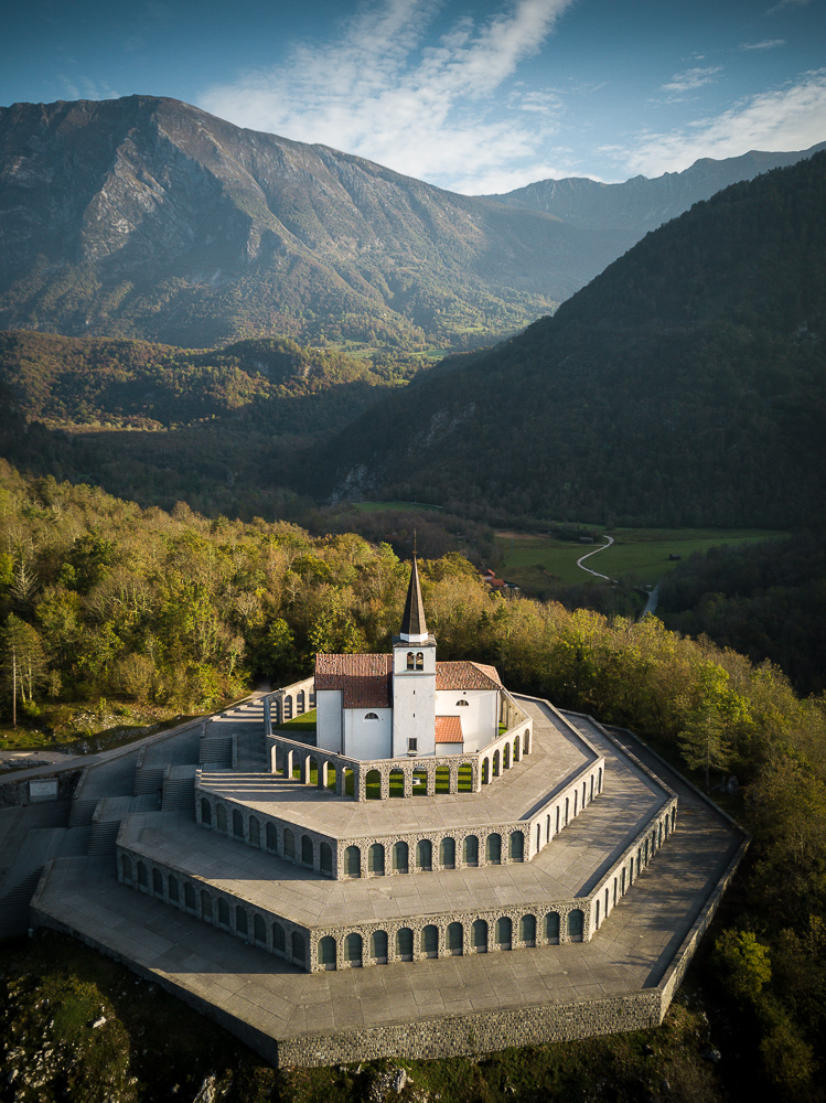 Aerial View of Saint Anthony’s Sanctuary Caporetto Memorial, Kobarid, Goriska, Slovenia