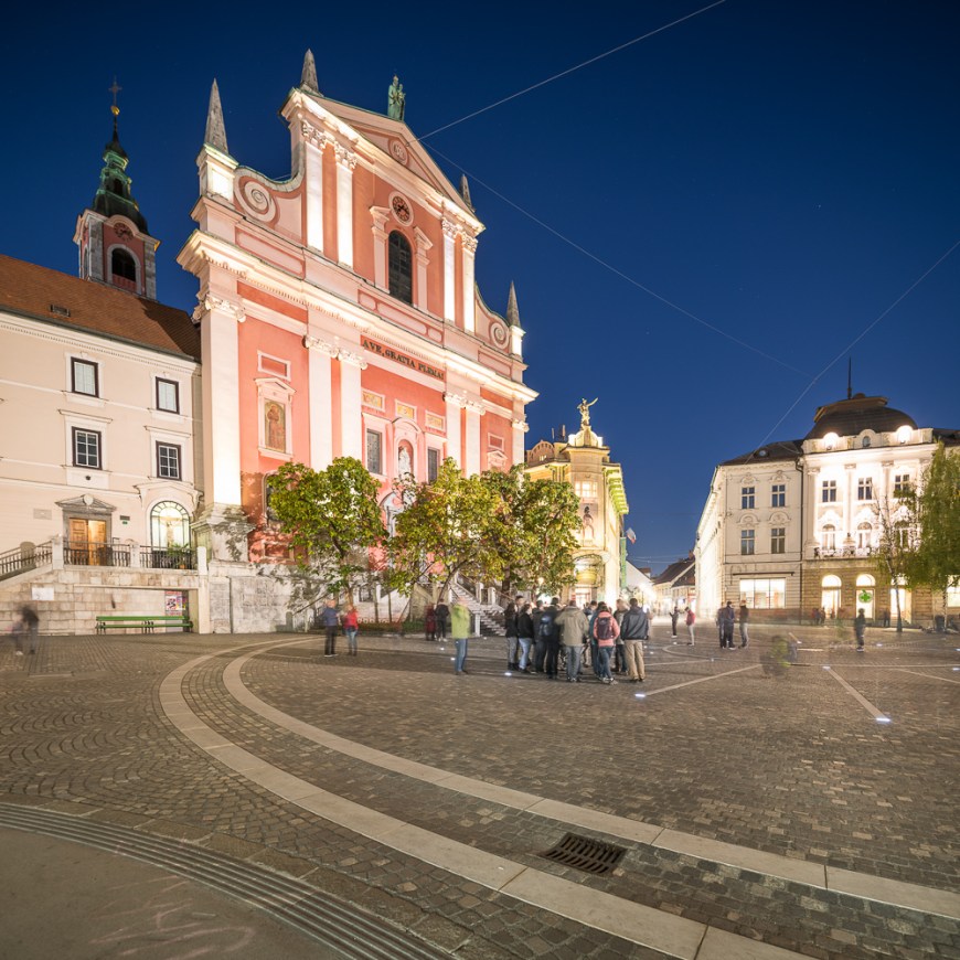 Franciscan Church of the Annunciation illuminated at Night, Old Town, Ljubljana, Slovenia