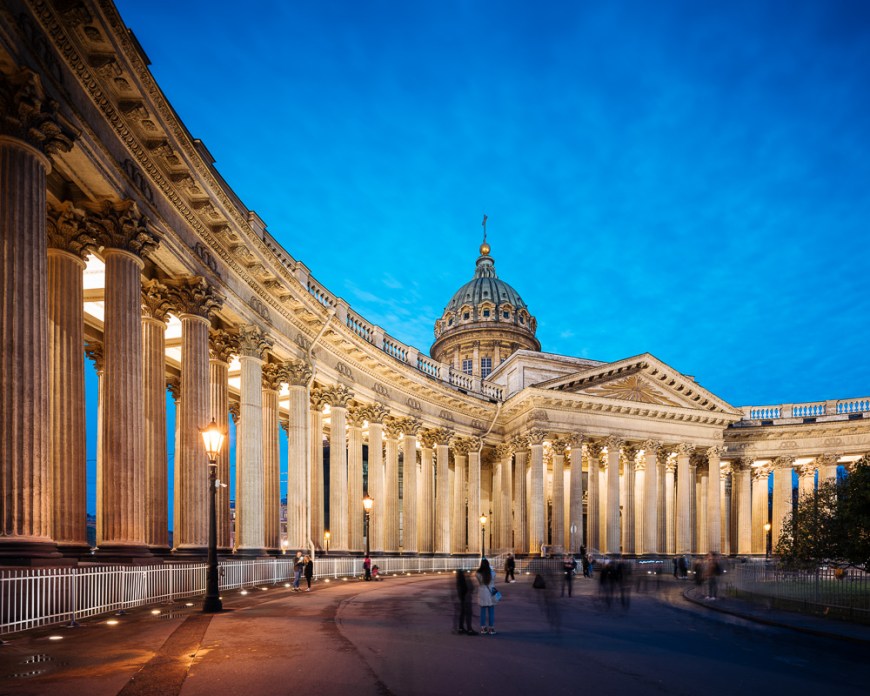 Exterior of Cathedral of Our Lady of Kazan at Night, Saint Petersburg, Leningrad Oblast, Russia