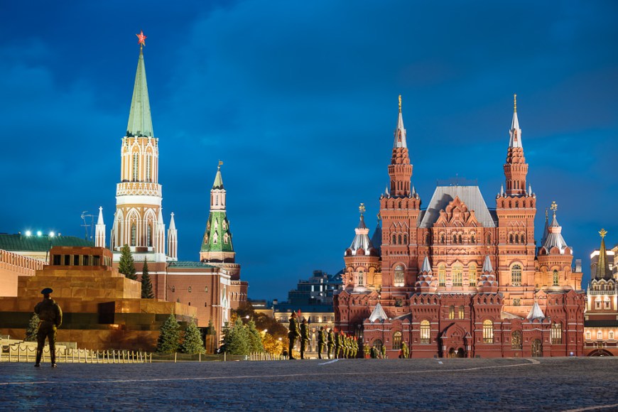 Exterior of State Historical Museum and Nikolskaya Tower at Night, Red Square, Moscow, Moscow Oblast, Russia