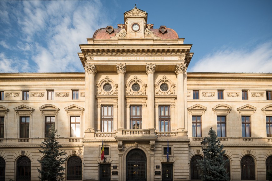 Exterior of The National Bank of Romania, Old Town Quarter of Lipscani, Bucharest, Romania