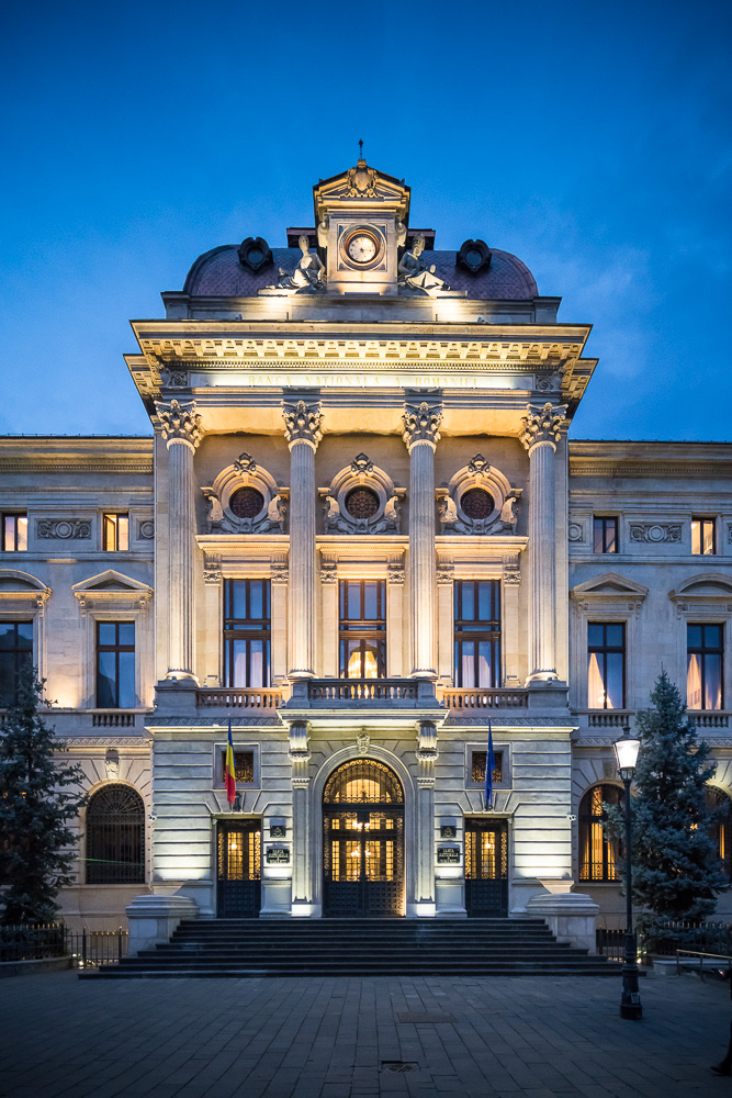 National Bank of Romania at Night, Old Town Quarter of Lipscani, Bucharest, Romania